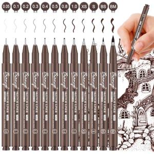 Bianyo Sepia Tone Drawing Pen Set, 12 Assorted Sizes Sketch Liner, Water-Resistant Archival and Pigment Ink Art Pens, Precision Drawing and Sketching Kit
