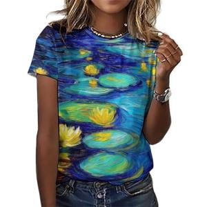 joo meryer Women's Art Oil Painting Starry Night Short Sleeve Loose Fit T-Shirts Tunic Top,Oil Painting Water Lilies,L