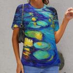 joo meryer Women's Art Oil Painting Starry Night Short Sleeve Loose Fit T-Shirts Tunic Top,Oil Painting Water Lilies,L