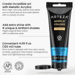 Arteza Metallic Acrylic Paint, Set of 8 Classic Elements Colors 4.06oz Tubes, Rich Pigments, Non Fading, Non Toxic Paints for Artists & Hobby Painters, Art Supplies for Canvas Painting & Crafts