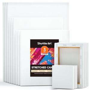 Shuttle Art Stretched Canvas, 15 Multi Pack, 4x4, 5 x 7, 8 x 10, 9x12, 11 x 14 Inches (3 of Each), 100% Cotton, Primed White Painting Canvas, Art Canvases for Acrylic, Oil, Acrylic Pouring Painting
