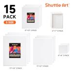Shuttle Art Stretched Canvas, 15 Multi Pack, 4x4, 5 x 7, 8 x 10, 9x12, 11 x 14 Inches (3 of Each), 100% Cotton, Primed White Painting Canvas, Art Canvases for Acrylic, Oil, Acrylic Pouring Painting