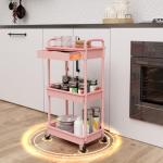 REBECAT 3 Tier Rolling Utility Cart with Drawer,Storage Cart,Rolling Cart for Kitchen,Bathroom,Living Room,Storage Organizer with Iron Wheels（Pink