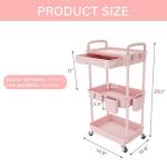 REBECAT 3 Tier Rolling Utility Cart with Drawer,Storage Cart,Rolling Cart for Kitchen,Bathroom,Living Room,Storage Organizer with Iron Wheels（Pink