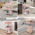 REBECAT 3 Tier Rolling Utility Cart with Drawer,Storage Cart,Rolling Cart for Kitchen,Bathroom,Living Room,Storage Organizer with Iron Wheels（Pink