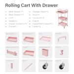 REBECAT 3 Tier Rolling Utility Cart with Drawer,Storage Cart,Rolling Cart for Kitchen,Bathroom,Living Room,Storage Organizer with Iron Wheels（Pink