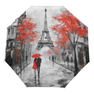 Vdsrup Paris Eiffel Tower Auto Umbrella Open Close Oil Painting Art Anti UV Umbrella Compact Windproof Parasol Umbrellas for Travel Car School Sun Rain