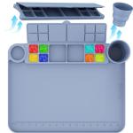 Silicone Painting Mat with Cup and Palette Removable, 17"X13" Thick Silicone Art Mat for Craft with Raised Edge for Resin DIY Making, Gray