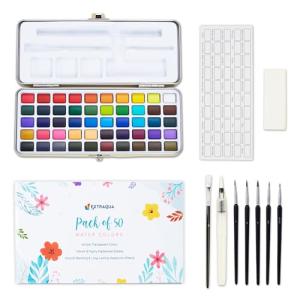 Watercolor Paint Set of 50 Colors - Washable Painting Kit with 7 Brushes, Water Brush Pen, Palette & Carrying Case - Portable Art Supplies for Kids & Adults - Non-Toxic Travel Watercolor Kit