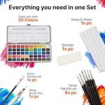 Watercolor Paint Set of 50 Colors - Washable Painting Kit with 7 Brushes, Water Brush Pen, Palette & Carrying Case - Portable Art Supplies for Kids & Adults - Non-Toxic Travel Watercolor Kit