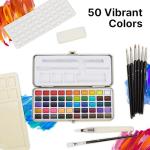 Watercolor Paint Set of 50 Colors - Washable Painting Kit with 7 Brushes, Water Brush Pen, Palette & Carrying Case - Portable Art Supplies for Kids & Adults - Non-Toxic Travel Watercolor Kit