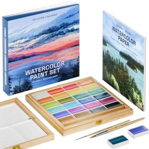 ARTISTRO x HANNAH M.P Professional Watercolor Paint Set Limited Edition with 24 colors in Bamboo Wooden Box (6ml XL Pans) - 2 Brushes, Watercolor Paper, Mixing Tray - Watercolor Set for Professionals made by professionals