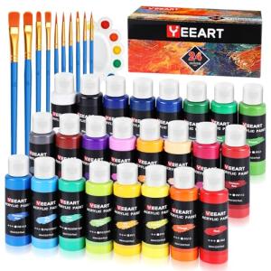 24 Colors Acrylic Paint Set, 2oz Bottles Classic Color, Rich Pigmented Canvas Paint Set, Premium Non-toxic Acrylic Paint for Artists, Kids & Adults, Art Supplies for Canvas Painting Rocks Wood Ceramic Model with 10 Brushes & Palette