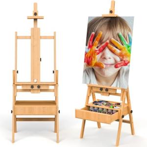 Large Wood H-Frame Easel with Storage Drawer, Foldable Art Painting Easel for Adults and Students, Adjustable Artist Easel Stand for Painting and Display, Holds Canvas Art up to 48"