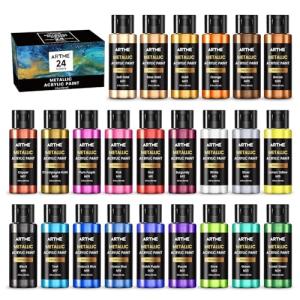 ARTME Metallic Acrylic Paint Set, 24 Metallic Colors in 2 oz/60ml Bottles, Metallic Shining Acrylic Paint, Rich Pigments Paint Perfect for Artists, Beginners on Canvas, Rocks, Wood, Fabric, Ceramic