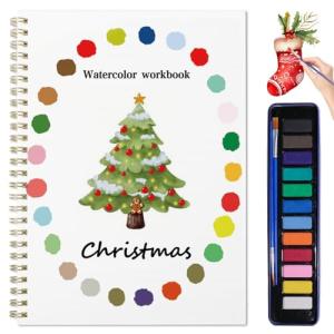 Beginner Watercolor Painting Kit Watercolor Workbook Coloring Book 12 Colors Paint Set with Brush, Easily Master Beginner Friendly Watercolor Paint Set Gift for Adults Teens. (Christmas)