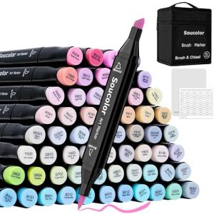 Soucolor 61 Colors Pastel Alcohol Based Markers Set | Professional Dual Tip Art Markers with Brush & Chisel Tips | Includes 1 Blender & Carry Case | For Artists, Adults Coloring, Drawing, Illustration