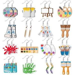 Hinly 16 Pairs Christmas Art Earrings for Women Big Acrylic Dangle Drop Earrings Personality Artist Paint Palette Paint Brush Jewelry Colorful Artist Painter Art Teacher Christmas Gifts