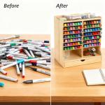 Dicunoy Wooden Marker Organizer Rack, 98 Capacity Desktop Markers Holder with Drawer, Sturdy Art Supply Storage Caddy for Colored Pencils, Art Brushes, Home, Classroom, Office, No Assembly Required