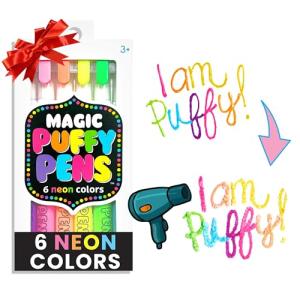Ooly Puffy Paint Neon Gel Pens Set of 6, 3D Foam Texture Painting Magic Puffy Pen, Creative and Fun Pens for Kids Arts and Crafts Drawing Supplies, Christmas Pens for Kids