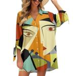 Zhangruoheng Art Abstract Printed Loose Button Down Shirt Dress Womens Summer Oversize Dress Cover Up 3/4 Sleeve V Neck Tie Sleeve Beach Swim Cover Up Top for Tropical,Wedding Orange