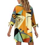 Zhangruoheng Art Abstract Printed Loose Button Down Shirt Dress Womens Summer Oversize Dress Cover Up 3/4 Sleeve V Neck Tie Sleeve Beach Swim Cover Up Top for Tropical,Wedding Orange