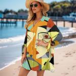 Zhangruoheng Art Abstract Printed Loose Button Down Shirt Dress Womens Summer Oversize Dress Cover Up 3/4 Sleeve V Neck Tie Sleeve Beach Swim Cover Up Top for Tropical,Wedding Orange