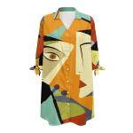 Zhangruoheng Art Abstract Printed Loose Button Down Shirt Dress Womens Summer Oversize Dress Cover Up 3/4 Sleeve V Neck Tie Sleeve Beach Swim Cover Up Top for Tropical,Wedding Orange
