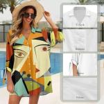 Zhangruoheng Art Abstract Printed Loose Button Down Shirt Dress Womens Summer Oversize Dress Cover Up 3/4 Sleeve V Neck Tie Sleeve Beach Swim Cover Up Top for Tropical,Wedding Orange