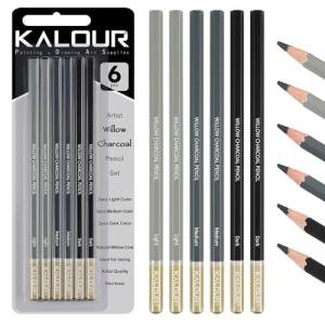 KALOUR PDAS Professional Willow Charcoal Pencil Set - 6 Premium Pencils (Light to Dark Shades) for Drawing, Sketching & Shading, Artist-Grade Tools for Beginners & Professionals