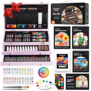 Shuttle Art Deluxe Gift Art Kit, 202-Piece Wooden Art Supplies Set with 4 Drawing Pads, Canvases, Coloring Sheets, Acrylic Paint, Crayons, Oil Pastels, Colored Pencils for Kids