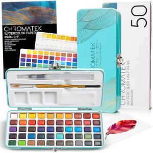 CHROMATEK Watercolor Paint Set, 50 Vivid Colors, Water Color Paper Pad, Brush, Aqua Pen, Palette, Color Chart, Swatch Sheets & Metal Travel Case, Premium All-In-One Art Travel Kit Art Supplies