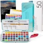 CHROMATEK Watercolor Paint Set, 50 Vivid Colors, Water Color Paper Pad, Brush, Aqua Pen, Palette, Color Chart, Swatch Sheets & Metal Travel Case, Premium All-In-One Art Travel Kit Art Supplies