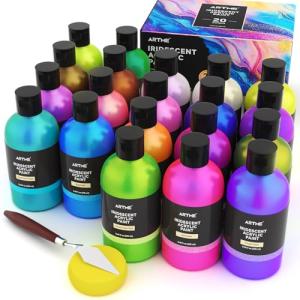 ARTME Iridescent Acrylic Paint Set, 20 Chameleon Colors in 8.45 oz/250ml Bottles, Large Bulk Color-shifting Acrylic Paint Perfect for Artists, Beginners on Canvas, Rocks, Wood, Fabric with Paint Knife
