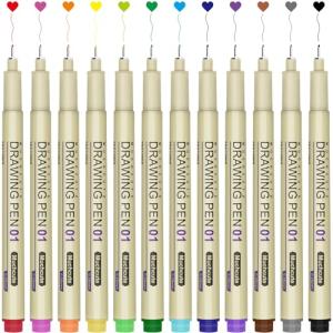 Muchcute 01 Micro Fineliner Drawing Art Pens: 12 Colors 0.25mm Extra Fine Point Bible No Bleed Smooth Journal Zentangle Study Supplies Colored Waterproof Line Ultra Needle Tip Fine liner Thin Gel Felt
