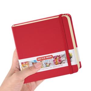 Square 5x5 inches 80gsm 96sheets/192 Pages Notebooks Blank Sketchbooks Travel Journal Pocket Hardcover Paint Writing Diary Memo Planner PU Leather Cover. Red