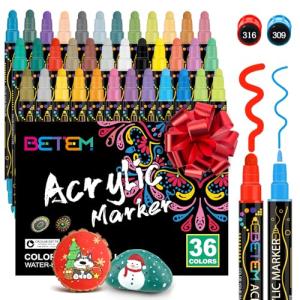 Betem 36 Colors Dual Tip Acrylic Paint Pens Markers, Premium Acrylic Paint Pens for Wood, Canvas, Stone, Rock Painting, Glass, Ceramic Surfaces, DIY Crafts Making Art Supplies