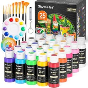 Shuttle Art 25 Colors Outdoor Acrylic Paint Set, 2oz/60ml Waterproof Acrylic Paint with 10 Brushes 1 Palette, Rich Pigmented Paints for Artists, Beginners on Rocks, Wood Crafts, Garden Statues