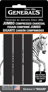 General's Jumbo Compressed Charcoal Sticks, 3 Pack, Black, 6B