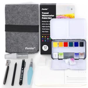 Funto Travel Watercolor Set, 12-Color Paint, 10 Premium Postcards, Brush, Brush Pen, Fineliner, Pencil, Painting Set for Adults, Beginner, and Artists