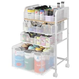 4-Tier Rolling Utility Cart with 3 Drawers - White Craft Organizers and Storage with DIY Dividers, Under Desk Art Supply Storage Organizer with 360° Lockable Wheels for Brushes Artifacts Small Parts