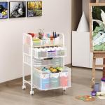 4-Tier Rolling Utility Cart with 3 Drawers - White Craft Organizers and Storage with DIY Dividers, Under Desk Art Supply Storage Organizer with 360° Lockable Wheels for Brushes Artifacts Small Parts