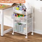 4-Tier Rolling Utility Cart with 3 Drawers - White Craft Organizers and Storage with DIY Dividers, Under Desk Art Supply Storage Organizer with 360° Lockable Wheels for Brushes Artifacts Small Parts