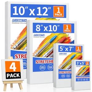 FIXSMITH Stretched Canvas for Painting, 3"x5", 5"x7", 8"x10", 10"x12", Pack of 4, Pre-Primed Canvases Wood Framed, Blank White Canvas Boards for Acrylic, Oil and Gouache Painting