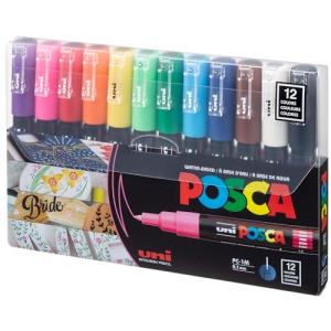 uni Posca Paint Art Markers, Set of 12 Extra Fine Point Acrylic Paint Pens for Coloring Gifts, Decorations, Fabric, Metal, Glass, Rocks, Wood and Canvas, Assorted Colors, PC1M12C