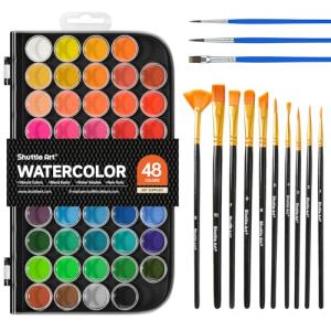 Shuttle Art 58 Pack Watercolor Paint Set, 48 Colors Watercolor Pan with 10 Paint Brushes for Beginners, Artists, Kids & Adults to Water Color Paint, Bullet Journal, Calligraphy Practice