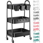 3 Tier Metal Rolling Cart with Lockable Wheels, Black Three Tiered Utility Storage Organizer Carts on Wheels for Bathroom, Kitchen, Laundry, Garage, Office, Craft, Art, Baby, Diaper Caddy, Snack, Book