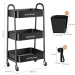 3 Tier Metal Rolling Cart with Lockable Wheels, Black Three Tiered Utility Storage Organizer Carts on Wheels for Bathroom, Kitchen, Laundry, Garage, Office, Craft, Art, Baby, Diaper Caddy, Snack, Book