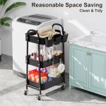 3 Tier Metal Rolling Cart with Lockable Wheels, Black Three Tiered Utility Storage Organizer Carts on Wheels for Bathroom, Kitchen, Laundry, Garage, Office, Craft, Art, Baby, Diaper Caddy, Snack, Book