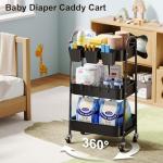 3 Tier Metal Rolling Cart with Lockable Wheels, Black Three Tiered Utility Storage Organizer Carts on Wheels for Bathroom, Kitchen, Laundry, Garage, Office, Craft, Art, Baby, Diaper Caddy, Snack, Book